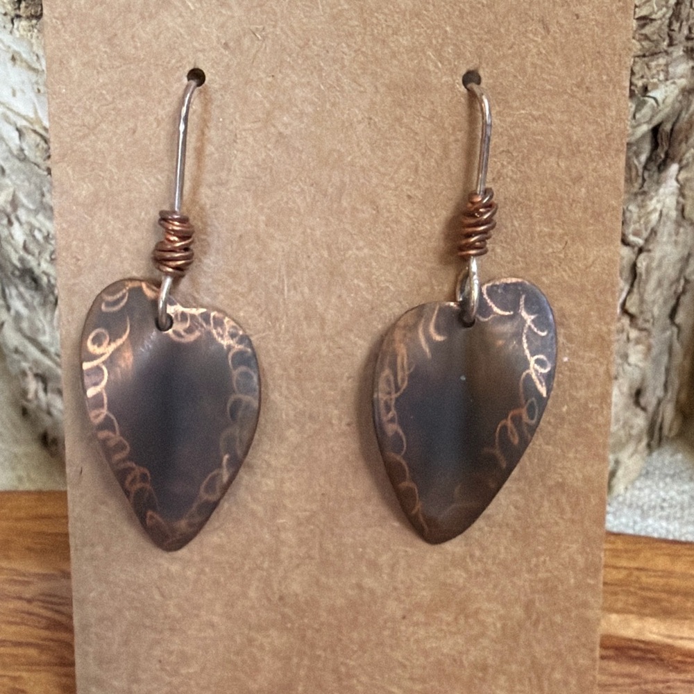 Vintage Copper Heart Dangle Earrings Wire Wrap Boho Patina 2.75” Handcrafted